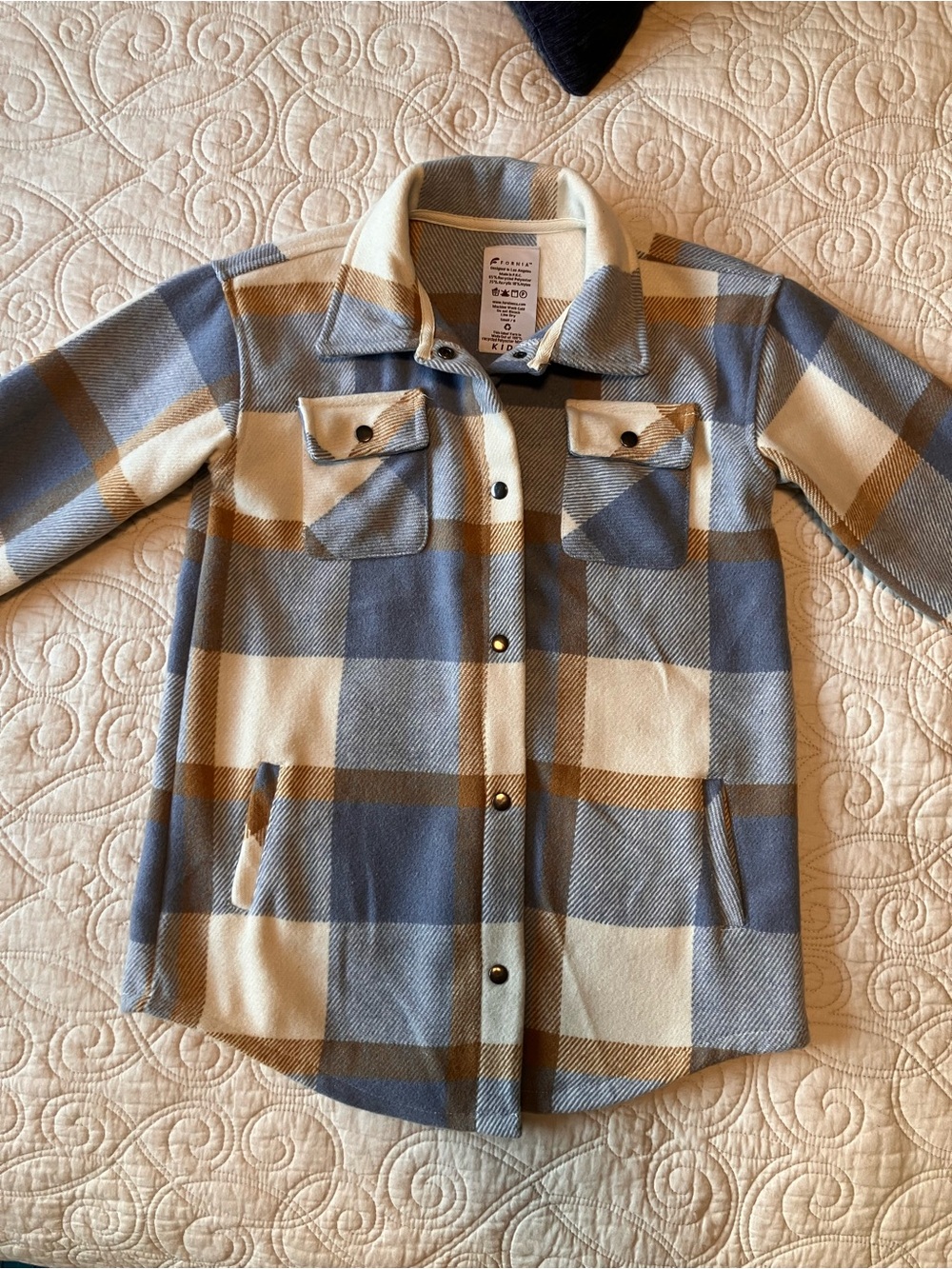 Kids Small (8) Blue, Cream, and Brown Plaid Button-Front Shirt Jacket (Shacket)